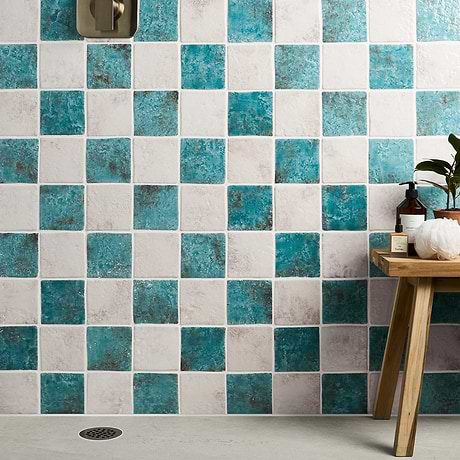 Greta Checkerboard Lagoon Blue and Seashell White 5x5 Glossy Textured Porcelain Tile
