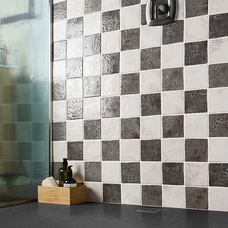 Greta Checkerboard Smoke Gray and Seashell White 5x5 Glossy Textured Porcelain Tile
