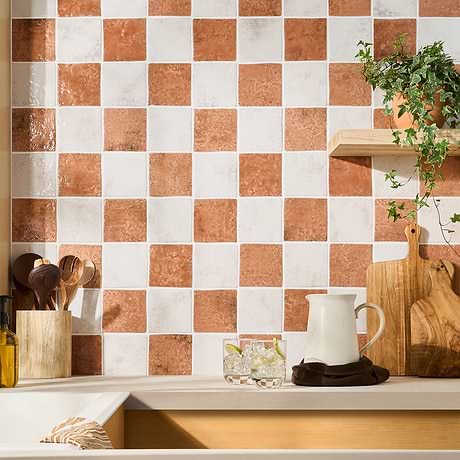 Greta Checkerboard Sunset Terracotta and Seashell White 5x5 Glossy Textured Porcelain Tile