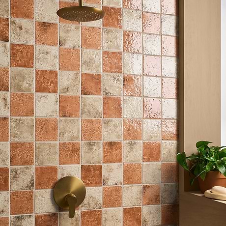 Greta Checkerboard Sunset Terracotta and Sand Beige 5x5 Glossy Textured Porcelain Tile