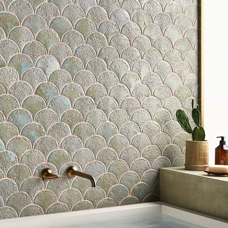 Meri Jade Green 5" Fish Scale Textured Glossy Ceramic Tile