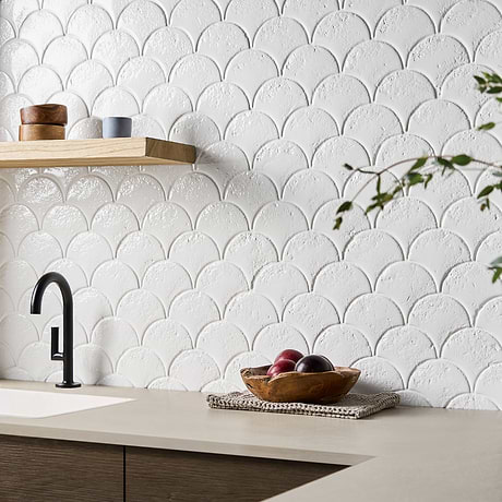 Meri Glacier White 5" Fish Scale Textured Glossy Ceramic Tile