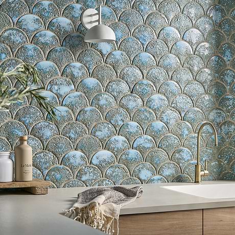 Meri Sapphire Blue 5" Fish Scale Textured Glossy Ceramic Tile