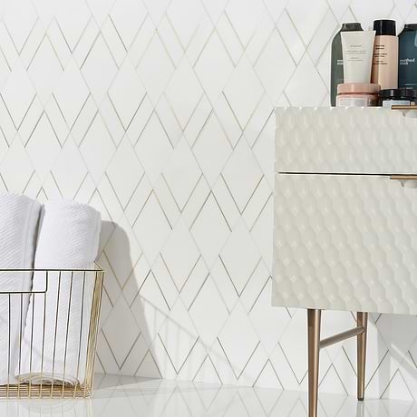 Enver Thassos White Diamond Polished Marble & Brass Mosaic