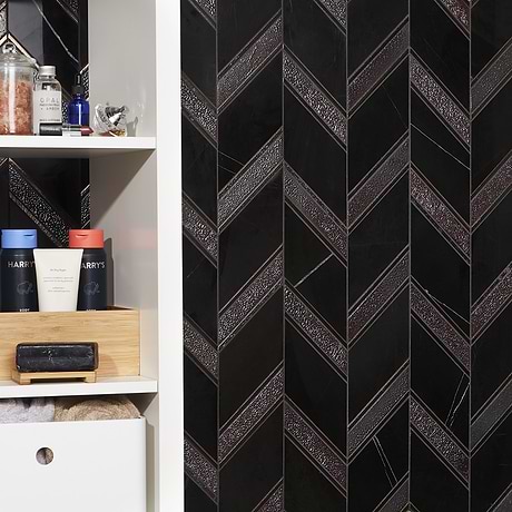 Magma Chevron Barcelona Nero Black Polished Marble & Lava Stone Mosaic