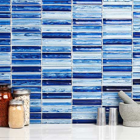 Maya Stacked Azur Blue 1x5 Polished Glass Mosaic