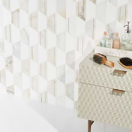 Fuse Bianco White 6" Polished Marble & Brass Mosaic