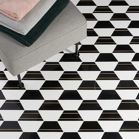Fuse Nero Black & White 6" Hexagon Polished Marble & Brass Mosaic