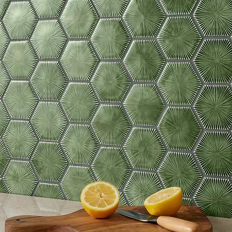 Nabi Hexagon Fern Green 3" Crackled Glossy Glass Mosaic Tile