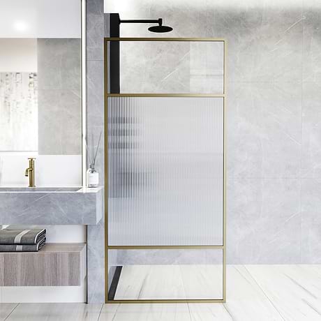 Finestra 34x74" Reversible Fixed Shower Door with Venetian Fluted Glass in Brushed Gold
