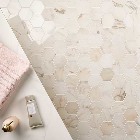 Rosa Aurora Pink 4" Hexagon Polished Marble Mosaic