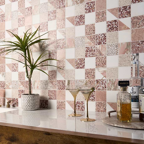 Artem Flamingo Terracotta Pink 3x3 Polished and Honed Marble and Terrazzo Mosaic by Elizabeth Sutton