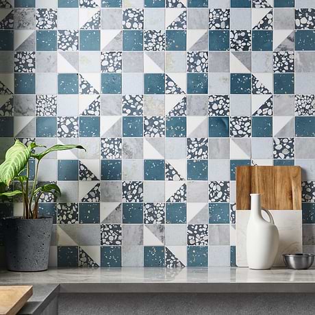 Artem Starling Blue 3x3 Polished and Honed Marble and Terrazzo Mosaic by Elizabeth Sutton