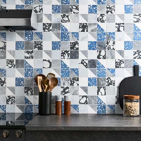 Artem Steller Blue 3x3 Polished and Honed Marble and Terrazzo Mosaic by Elizabeth Sutton