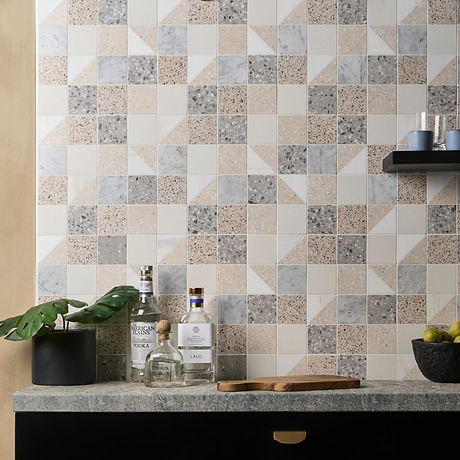 Artem Swan White & Cream 3x3 Polished and Honed Marble and Terrazzo Mosaic by Elizabeth Sutton