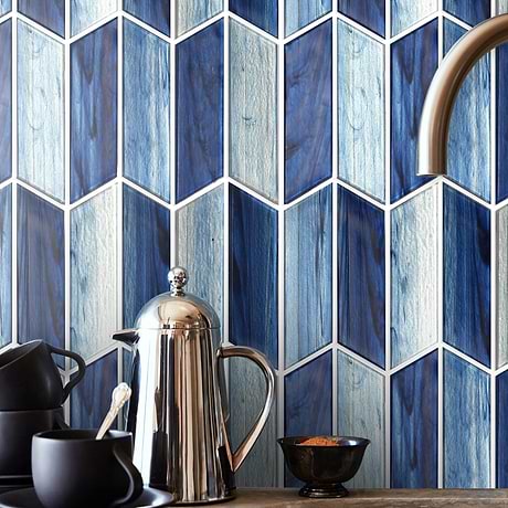 Maya Azur Blue 2x7 Chevron Polished Glass Mosaic