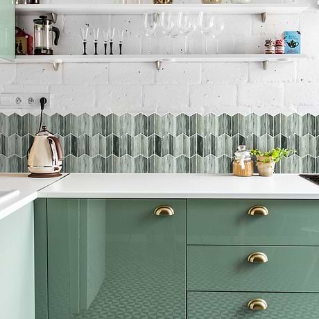Maya Sage Green 2x7 Chevron Polished Glass Mosaic