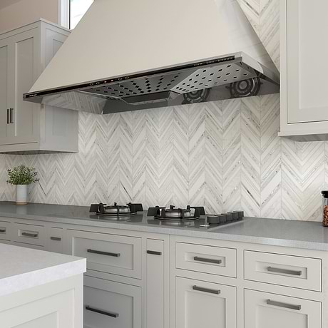 Aya White Chevron Polished Marble & Pearl Mosaic