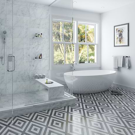 Juno Diamond Black and White 1" Hexagon Polished Marble Mosaic