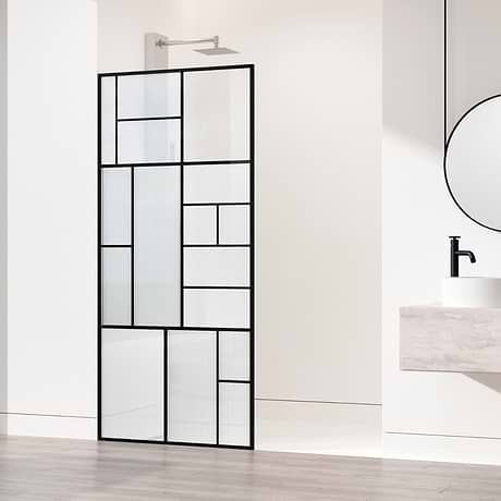 Finestra 34x74" Reversible Fixed Shower Door with Mondrian Grid Fluted Glass in Matte Black