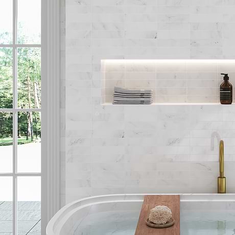 Brushed Stone Asian Statuary White 2X8 Honed Marble Subway Tile