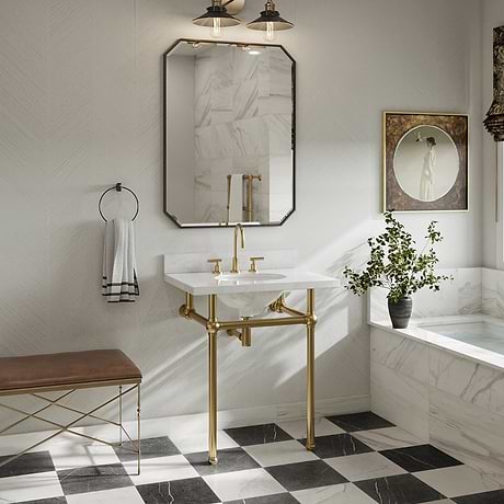 Avanti Nero Marquina Black and Calacatta Gold 12x12 Tumbled Marble Checkerboard Tile