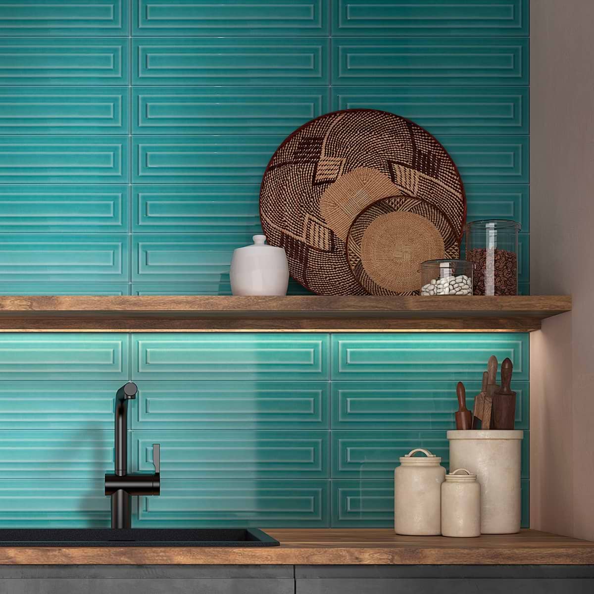Colorplay Frame Teal Green 4.5x18 3D Crackled Glossy Ceramic Tile; in Green Blue Ceramic; for Backsplash, Bathroom Wall, Kitchen Wall, Shower Wall, Wall Tile; in Style Ideas Contemporary, Traditional, Transitional; released 2025; new, trends