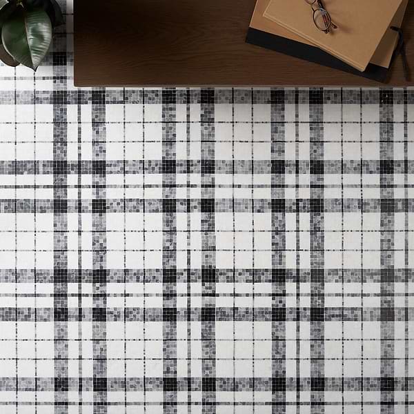 Microsaic Plaid Bardiglio Black & White Polished Marble Mosaic Tile