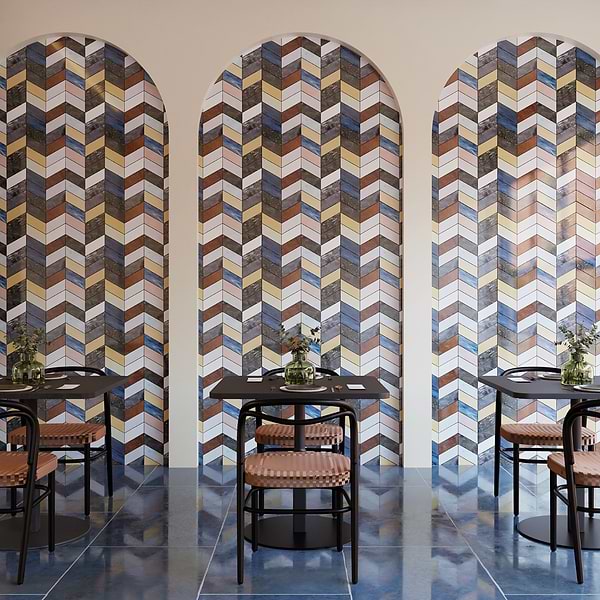 Elizabeth Sutton Meta Malibu Mixed Metallic 2x5 Chevron Glossy Glass Mosaic Tile