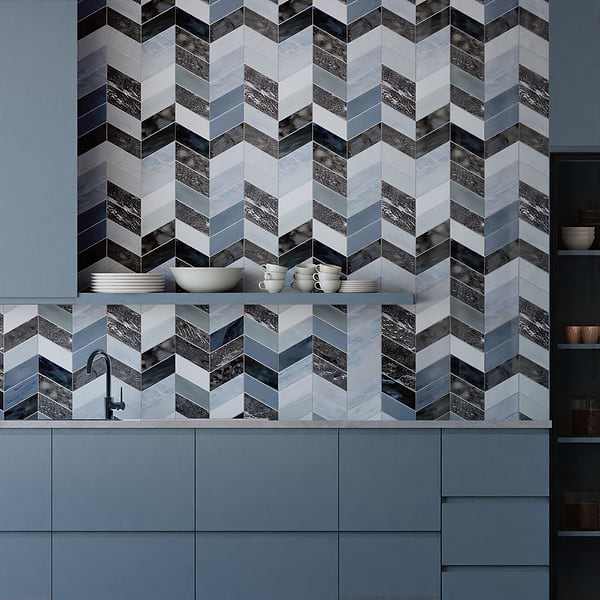 Elizabeth Sutton Meta Zanzibar Dark Silver 2x5 Chevron Glossy Glass Mosaic Tile