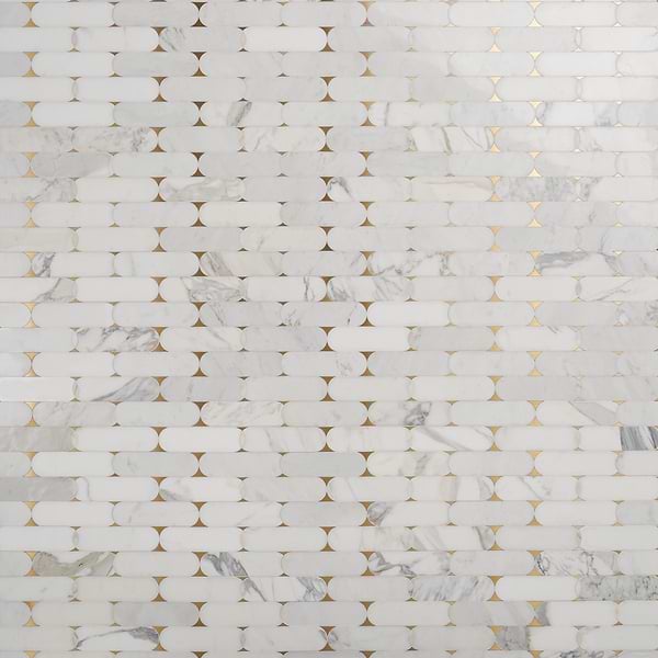 Norway Calacatta White 2x6 Polished Marble and Brass Waterjet Mosaic Tile