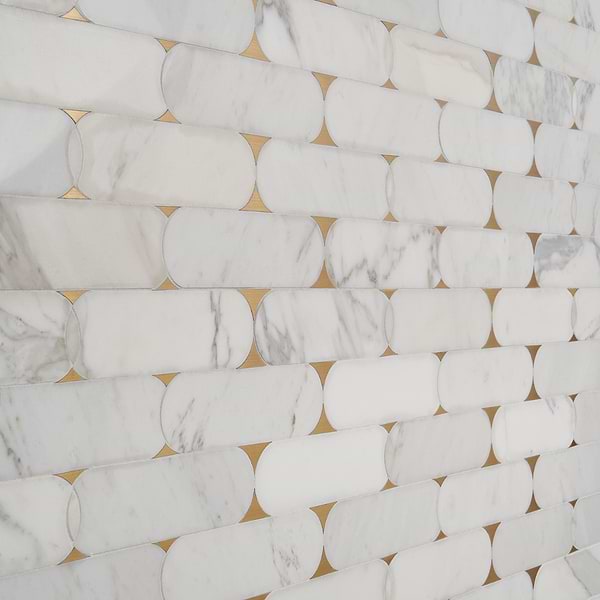 Norway Calacatta White 2x6 Polished Marble and Brass Waterjet Mosaic Tile