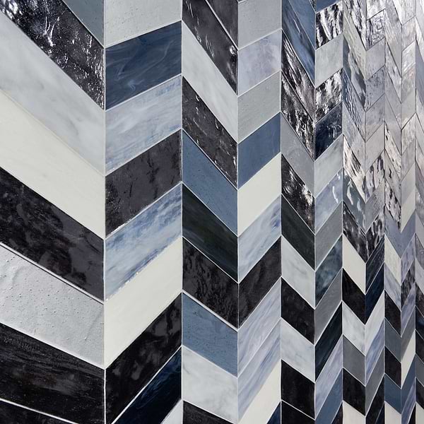 Elizabeth Sutton Meta Zanzibar Dark Silver 2x5 Chevron Glossy Glass Mosaic Tile