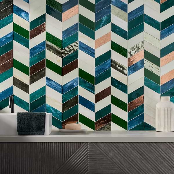 Elizabeth Sutton Meta Vermont Jade Green 2x5 Chevron Glossy Glass Mosaic Tile