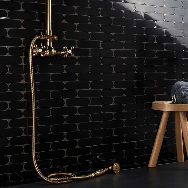 Norway Black Jade 2x6 Polished Marble and Lavastone Waterjet Mosaic Tile