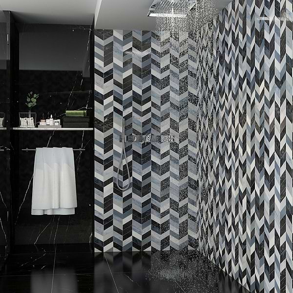 Elizabeth Sutton Meta Zanzibar Dark Silver 2x5 Chevron Glossy Glass Mosaic Tile