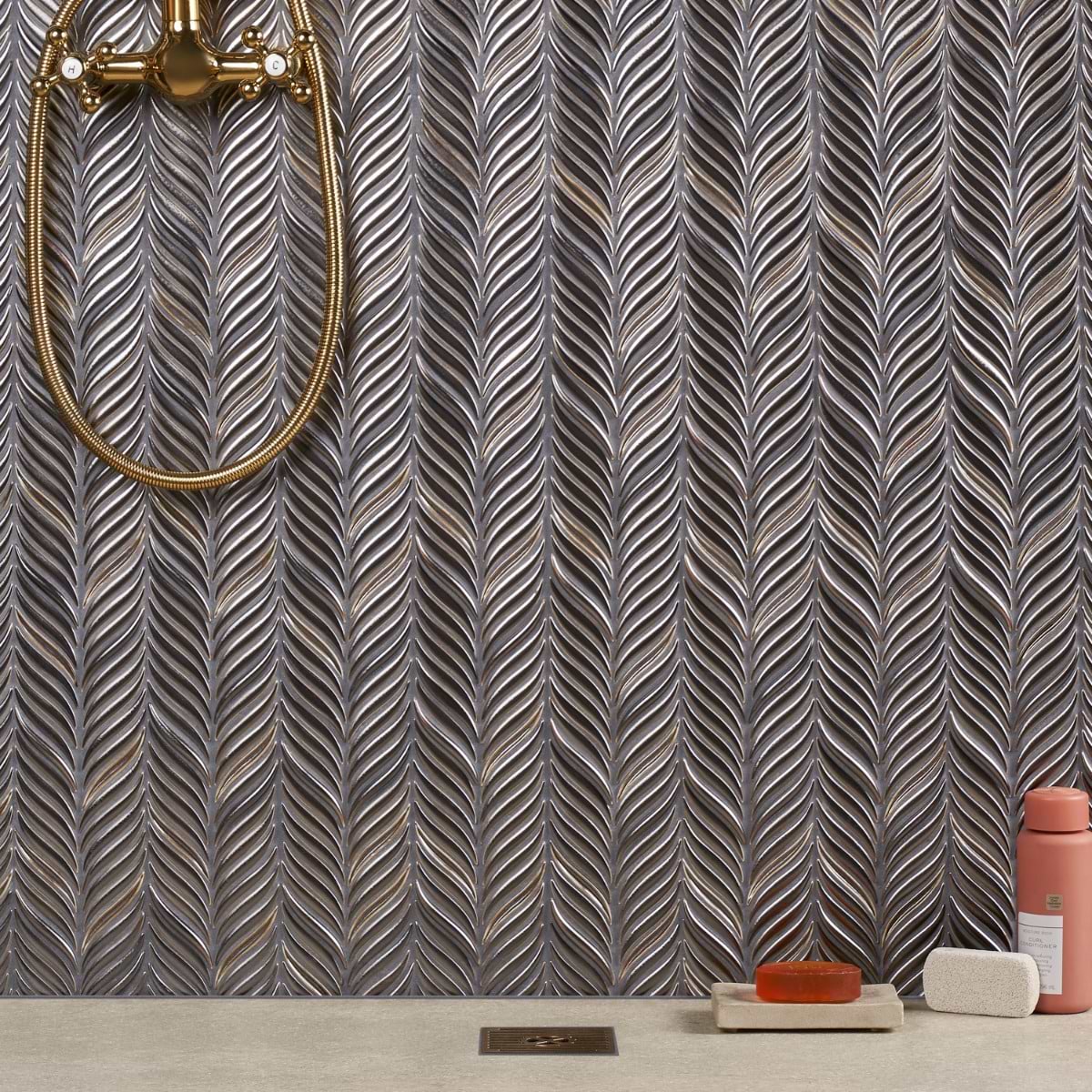 Nabi Alula Metallic Gunmetal Gray Chevron Matte Glass Mosaic Tile; in Metallic Gray Crackled Glass; for Backsplash, Bathroom Wall, Kitchen Wall, Shower Wall, Wall Tile