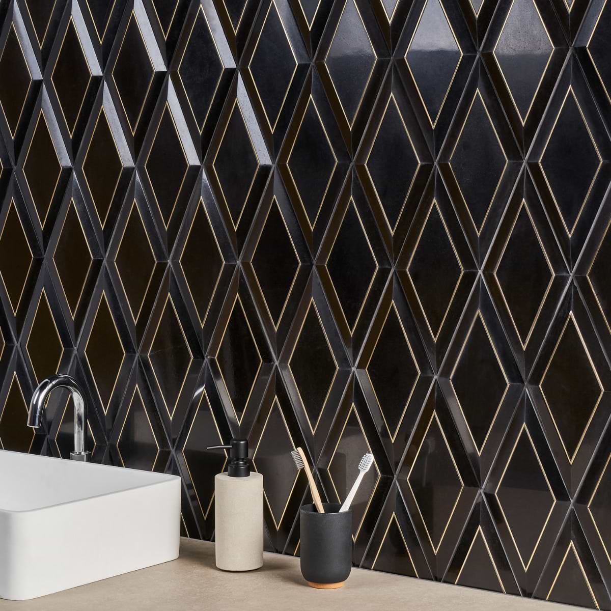 Basque Black Jade Brass Inlay 6x12 Beveled Polished Marble Tile; in Black and Gold  Black Jade, Brass; for Backsplash, Bathroom Wall, Kitchen Wall, Wall Tile; in Style Ideas Art Deco, Classic, Traditional