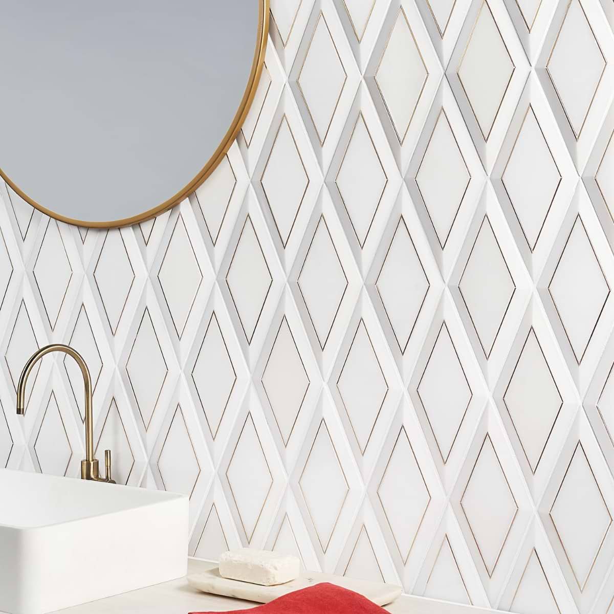 Basque White Jade Brass Inlay 6x12 Beveled Polished Marble Tile; in White with Brass White Jade, Brass; for Backsplash, Bathroom Wall, Kitchen Wall, Wall Tile; in Style Ideas Art Deco, Classic, Traditional