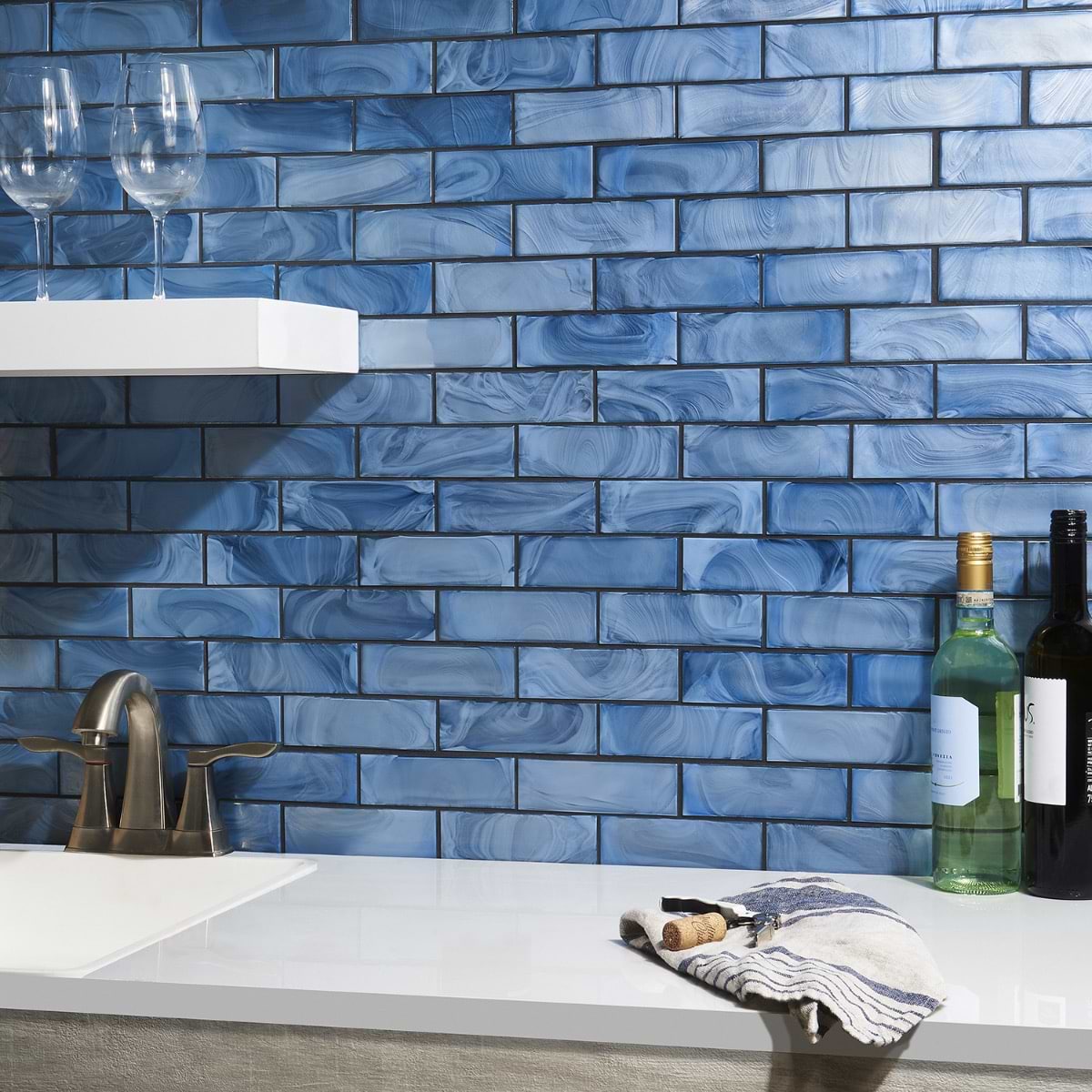 Magico Iridescent Sky Blue 2x6 Polished Glass Mosaic Tile; in Blue Glass; for Backsplash, Bathroom Wall, Kitchen Wall, Outdoor Wall, Pool Tile, Shower Wall, Wall Tile; in Style Ideas Art Deco, Beach, Contemporary, Mediterranean, Mid Century, Modern, Transitional; released 2025; new, trends