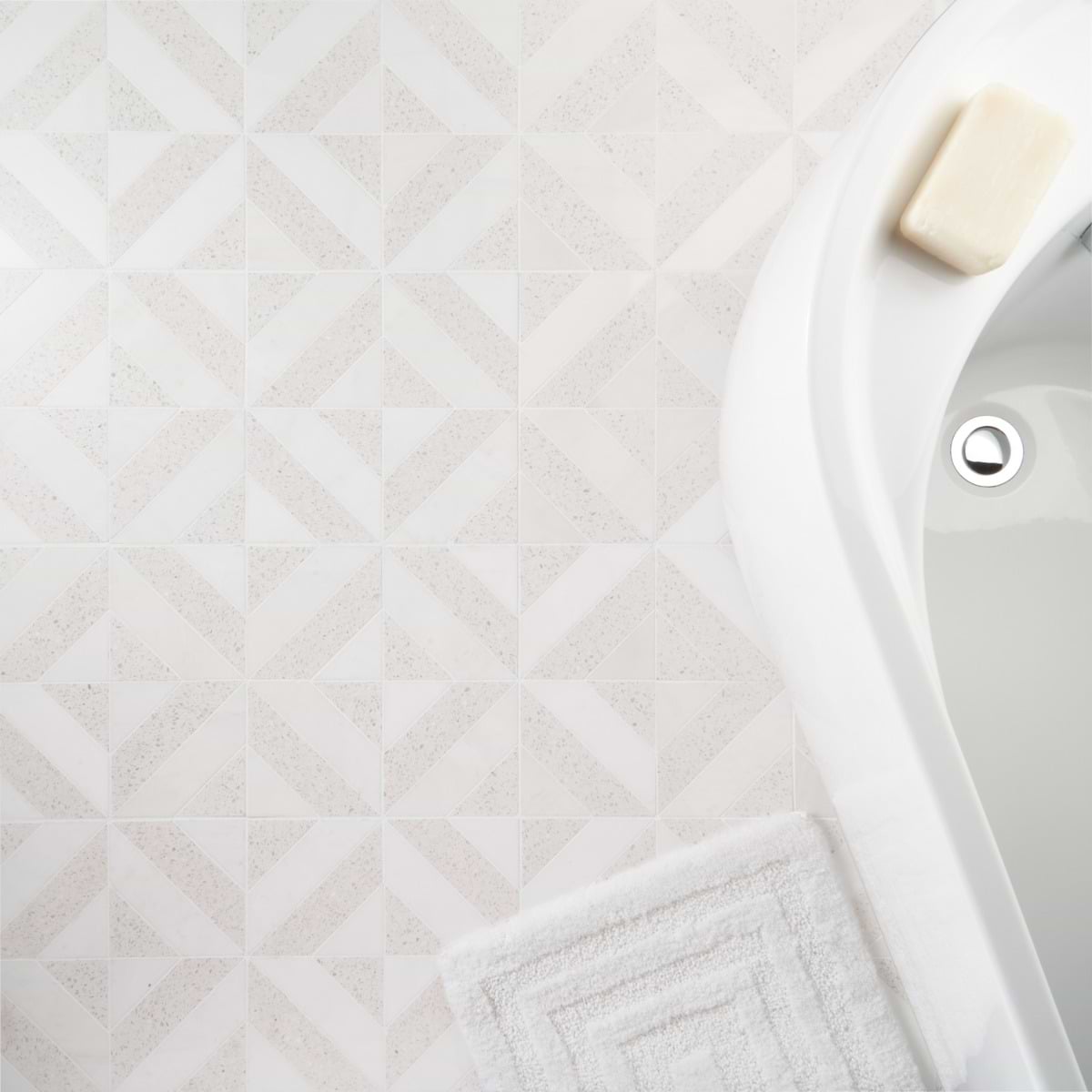 Cleopatra Diagonal Salt White Terrazzo and Bianco White Marble Polished Mosaic; in White Tibet White Marble, Terrazzo; for Backsplash, Bathroom Floor, Bathroom Wall, Commercial Floor, Floor Tile, Kitchen Floor, Kitchen Wall, Outdoor Floor, Outdoor Wall, Shower Floor, Shower Wall, Wall Tile; in Style Ideas Classic, Contemporary, Cottage, Craftsman, Farmhouse, Transitional