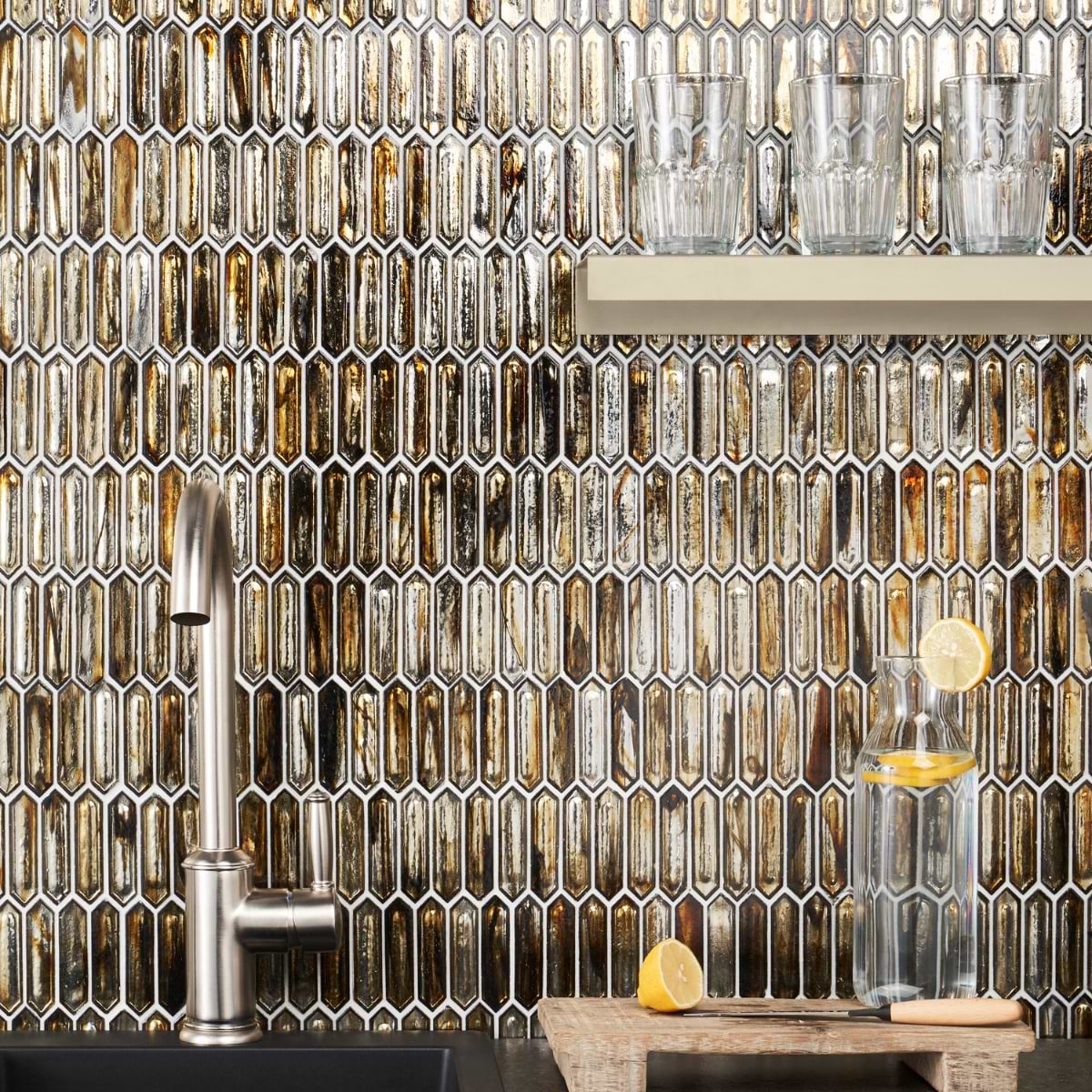 Komorebi Picket Golden Honey 1x3 Polished Glass Mosaic; in Gold Glass; for Backsplash, Bathroom Wall, Kitchen Wall, Shower Wall, Wall Tile; in Style Ideas Beach, Contemporary, Mediterranean