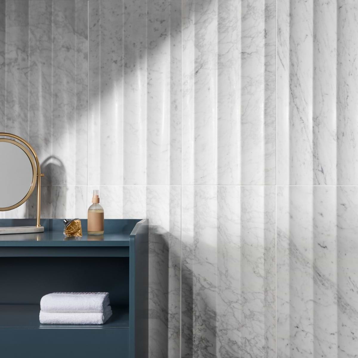 Stonework Fluted Carrara White 12x24 3D Honed Marble Tile; in White with gray veining Carrara; for Backsplash, Bathroom Wall, Kitchen Wall, Outdoor Wall, Shower Wall, Wall Tile; in Style Ideas Contemporary, Craftsman, Modern