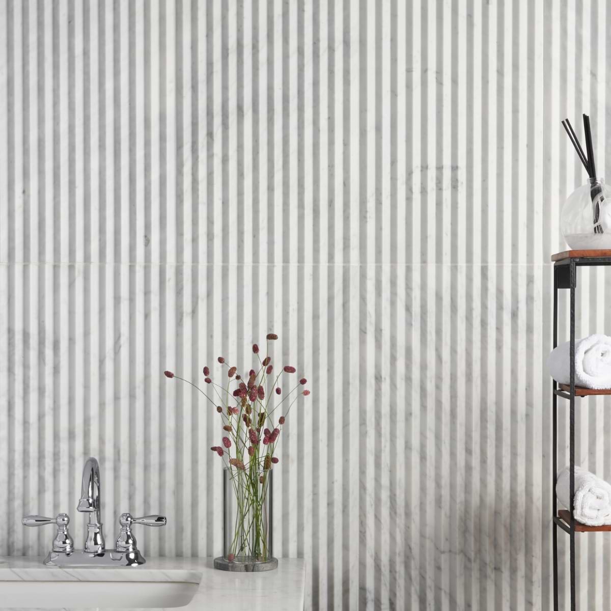 Stonework Peak Carrara White 12x24 3D Satin Marble Tile; in White with gray veining Carrara; for Backsplash, Bathroom Wall, Kitchen Wall, Outdoor Wall, Shower Wall, Wall Tile; in Style Ideas Contemporary, Craftsman, Modern