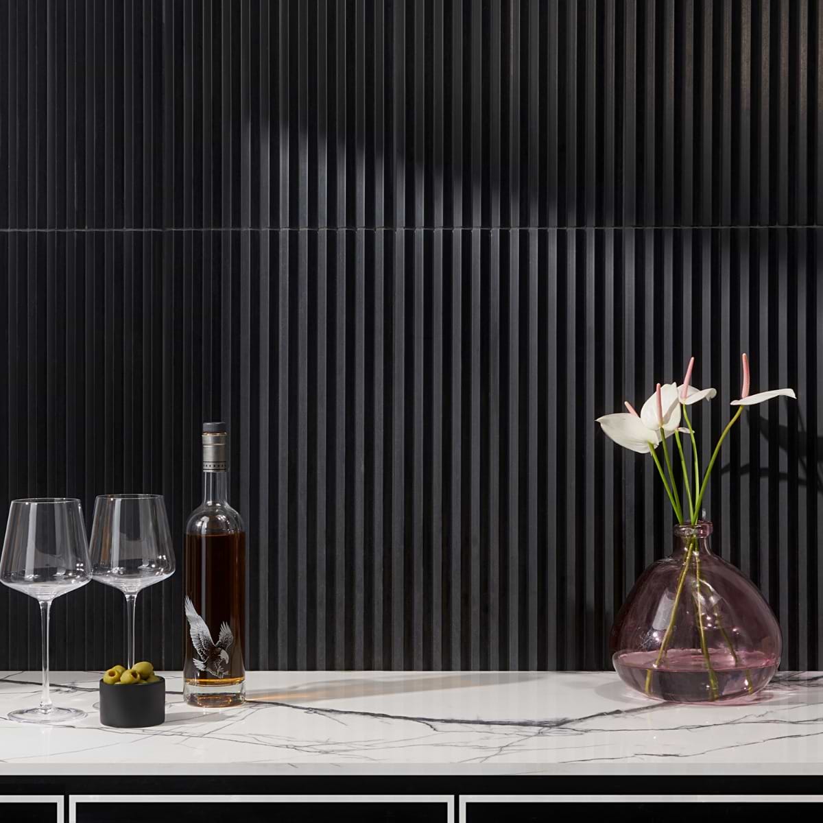 Stonework Peak Black Jade 12x24 3D Satin Marble Tile; in Black Black Jade; for Backsplash, Bathroom Wall, Kitchen Wall, Outdoor Wall, Shower Wall, Wall Tile; in Style Ideas Contemporary, Craftsman, Modern