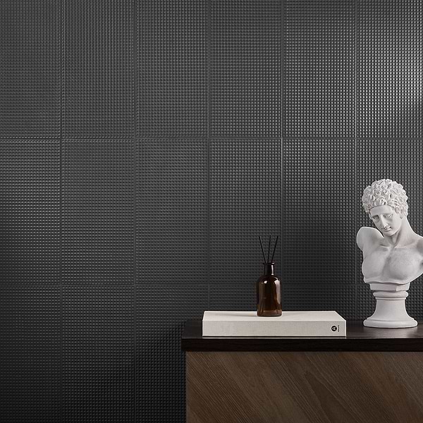 Kinzie Waffle Charcoal Black 8x16 Textured Matte Ceramic Tile in Charcoal, View 6, open zoomed image
