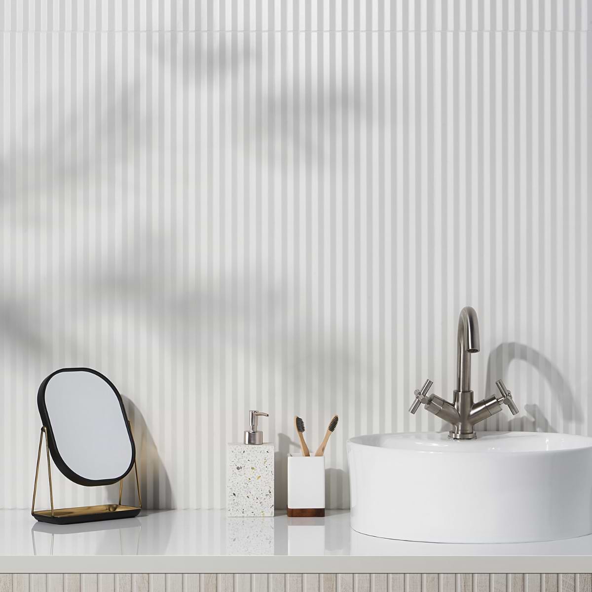 Mod 3D White 12x36 Fluted Matte Ceramic Tile; in White Ceramic; for Backsplash, Bathroom Wall, Kitchen Wall, Shower Wall, Wall Tile; in Style Ideas Beach, Contemporary, Modern, Transitional