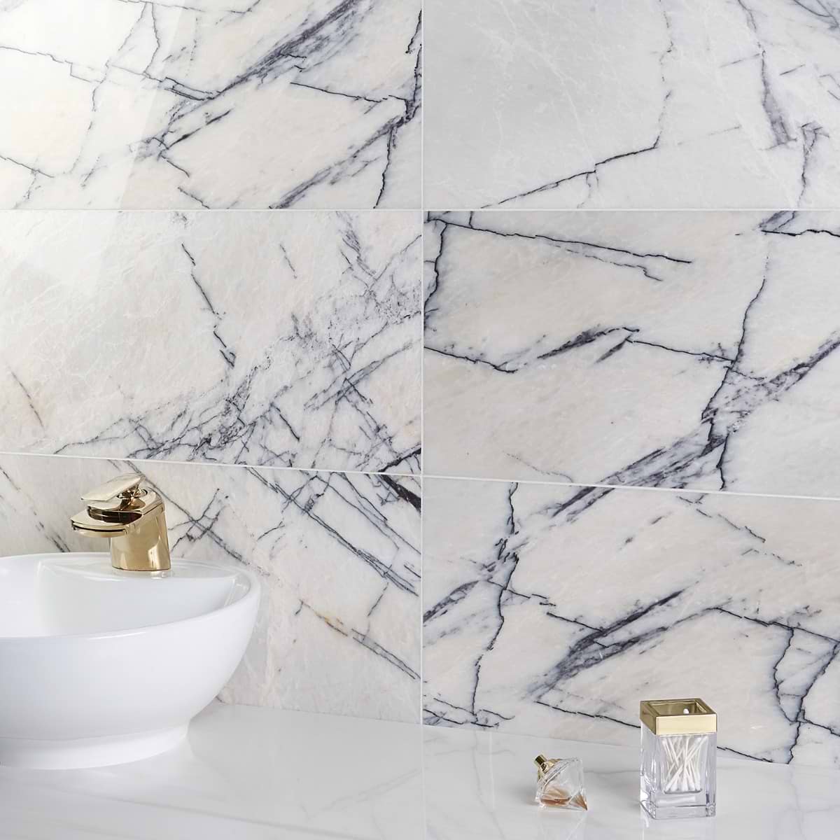 Lilac White 12x24 Polished Marble Tile; in White  + Dark veins Violeta; for Backsplash, Bathroom Floor, Bathroom Wall, Commercial Floor, Floor Tile, Kitchen Floor, Kitchen Wall, Outdoor Floor, Outdoor Wall, Shower Wall, Wall Tile; in Style Ideas Art Deco, Contemporary, Modern; released 2025; new, trends