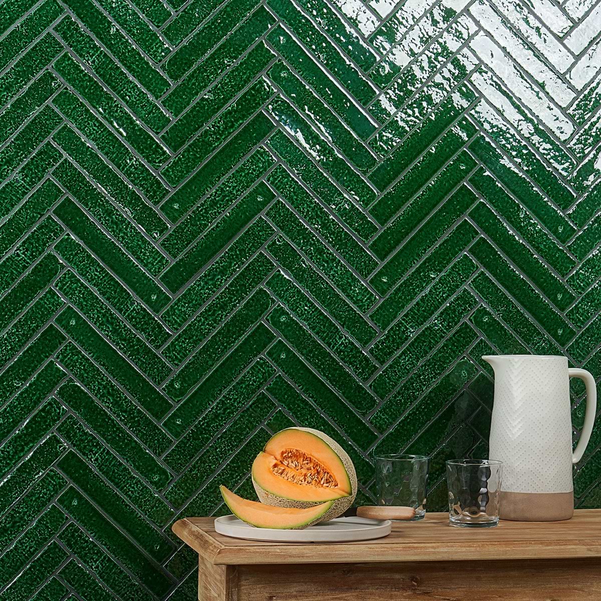 Wabi Sabi Emerald Green 1.5x9 Crackled Glossy Ceramic Tile; in Green White Body Ceramic; for Backsplash, Bathroom Wall, Kitchen Wall, Shower Wall, Wall Tile; in Style Ideas Beach, Cottage, Craftsman, Mediterranean, Mid Century, Traditional, Transitional; released 2025; new, trends