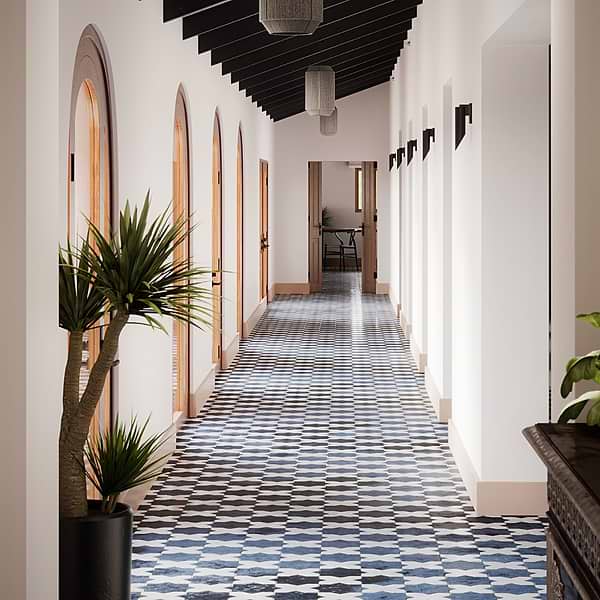 Parma Denim Blue Matte Star and White Polished Cross 6" Terracotta Look Porcelain Tile